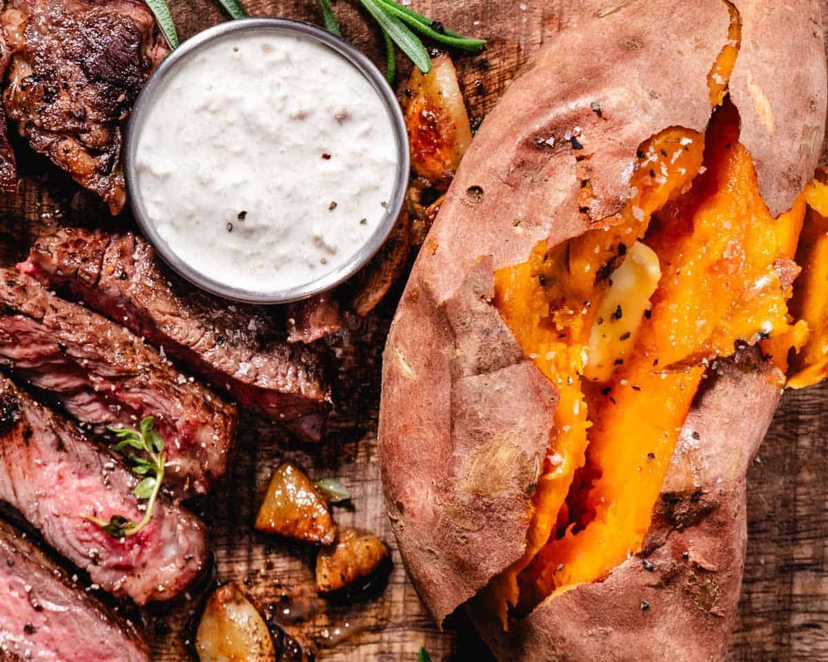 seared rib steaks with sweet potatoes