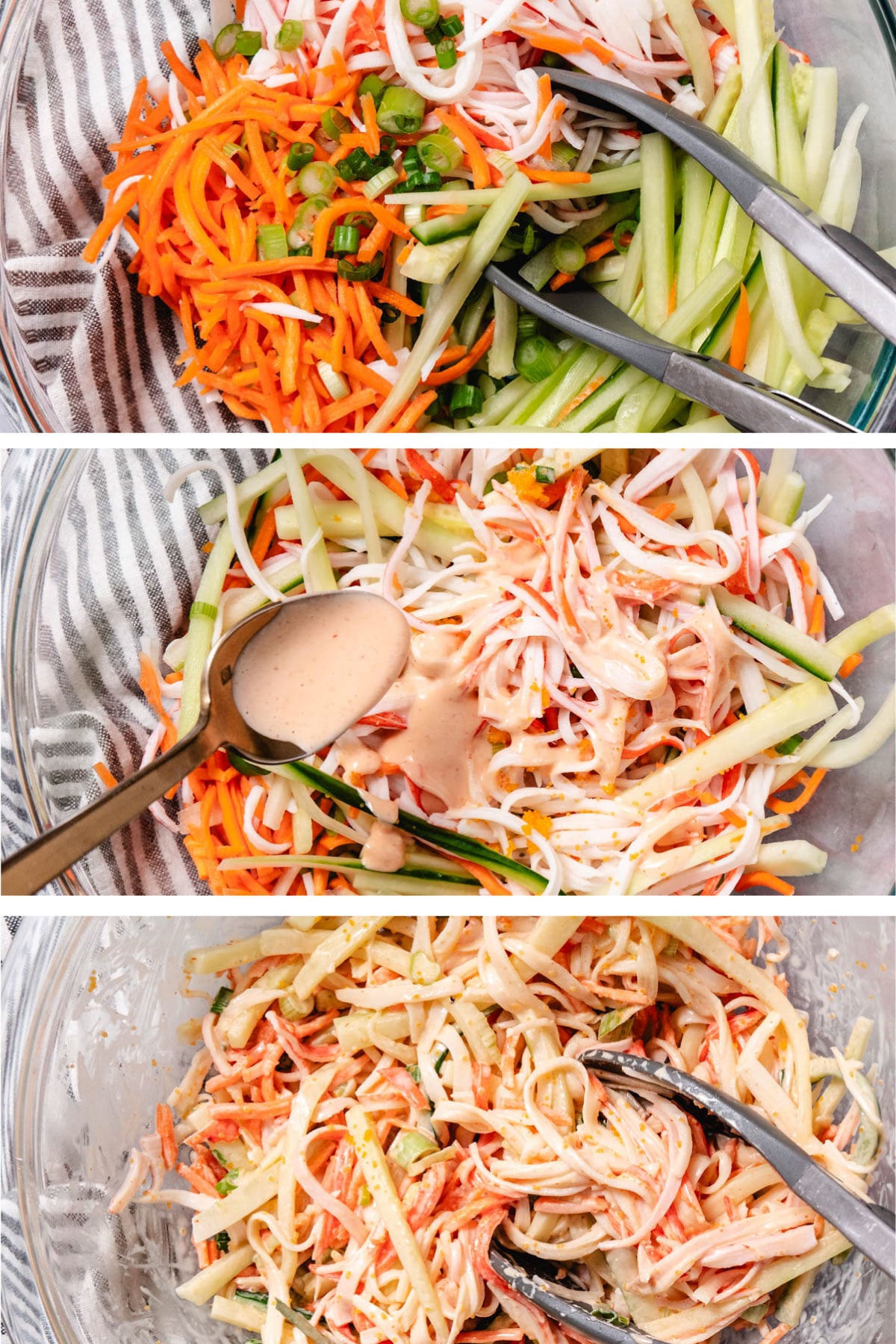 Step-by-step kani salad showing shredded imitation crab, carrots, and cucumber, dressing added, then tossed together in a bowl.