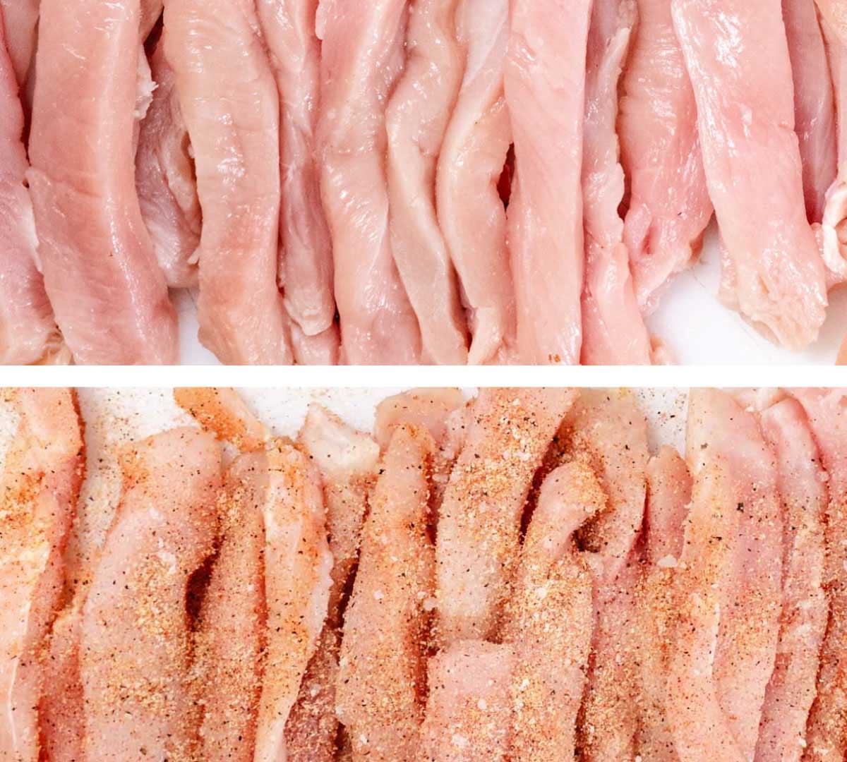 chicken strips, seasoned and seasoned