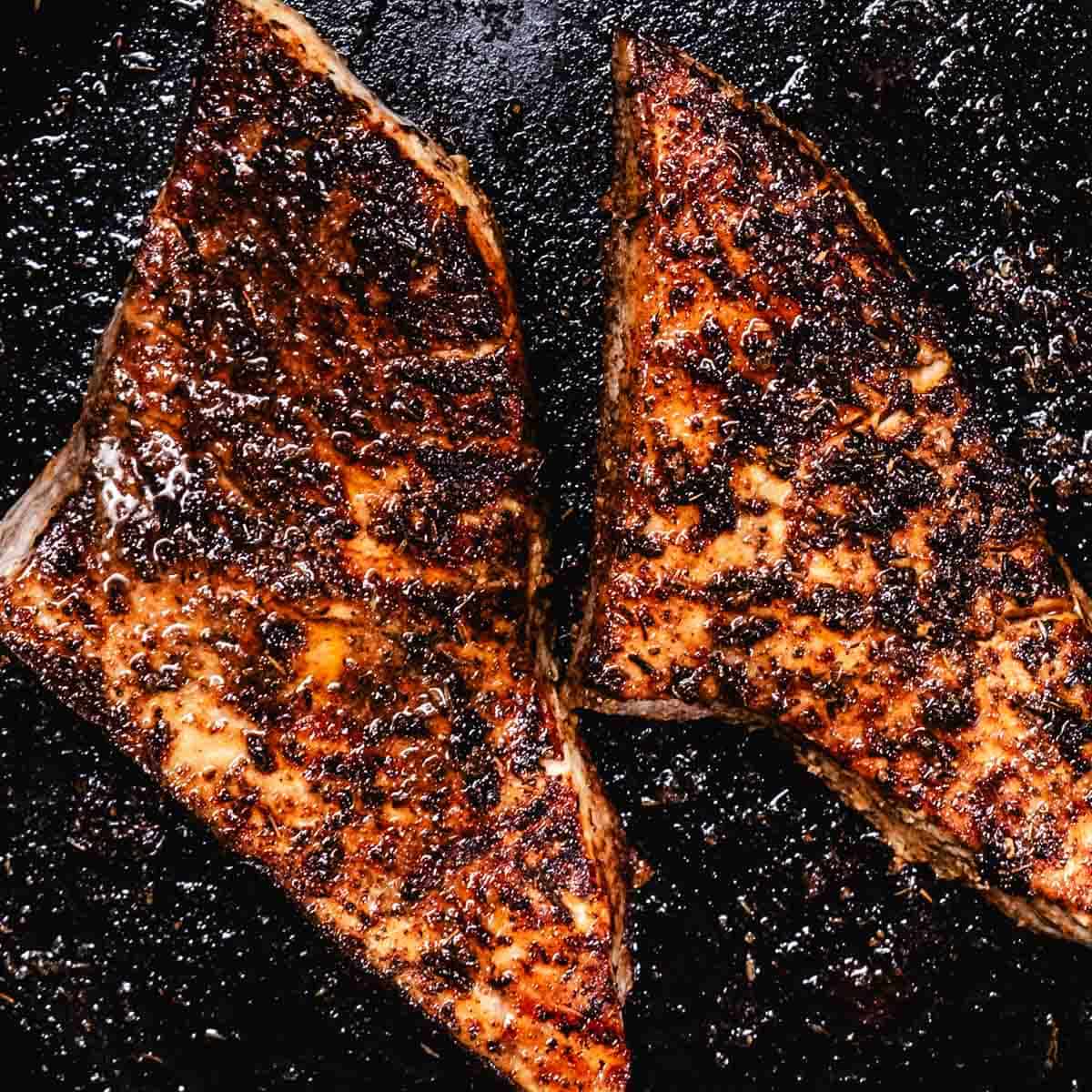 seared swordfish in cast iron skillet