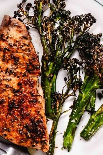 pan seared swordfish steak with Old Bay seasoning and roasted broccoli