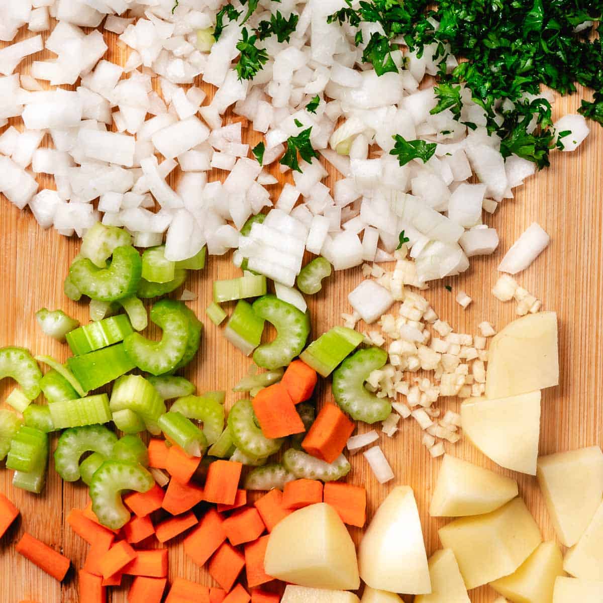chopped celery, carrots, onions, potatoes for chowder