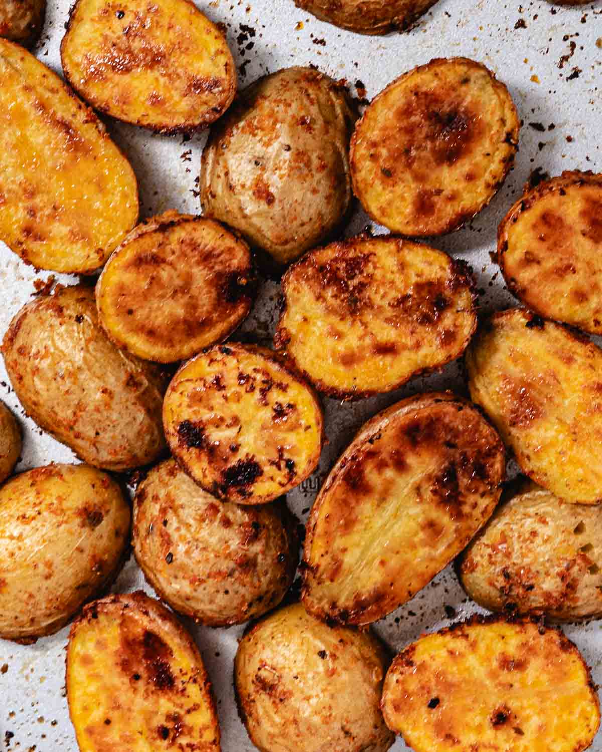 Crispy roasted baby potatoes with browned cut sides