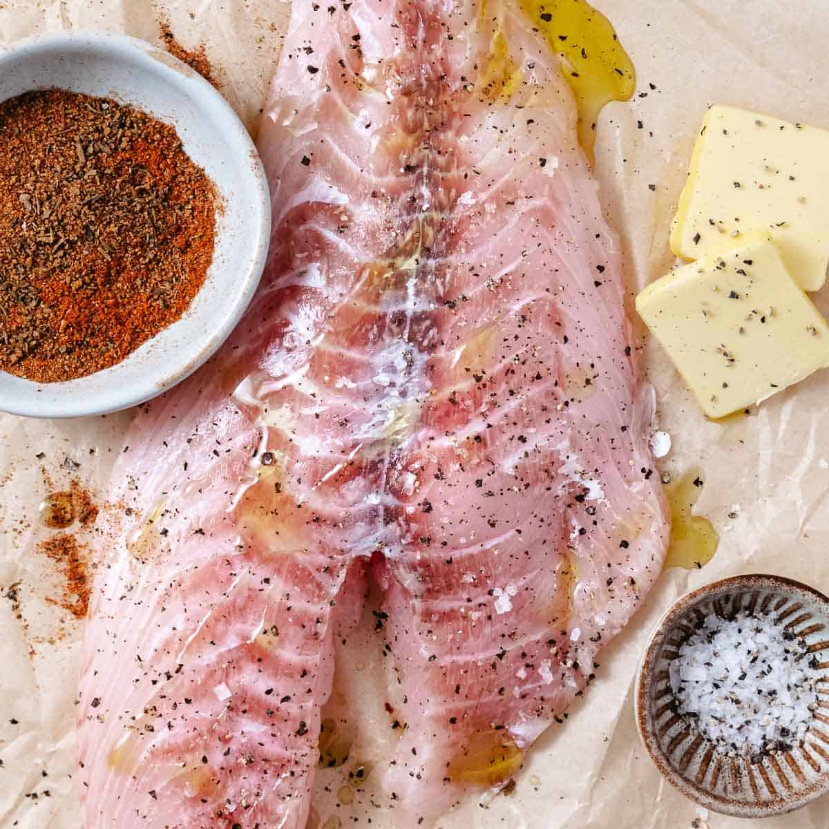 fish fillet with fish seasoning, butter, and salt