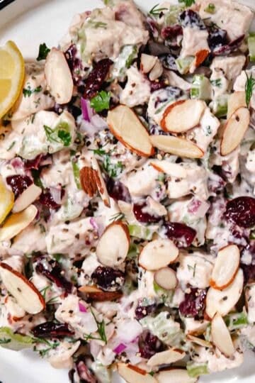 Turkey salad with dried cranberries, celery, red onion, fresh herbs, and sliced almonds in a creamy mayo dressing.