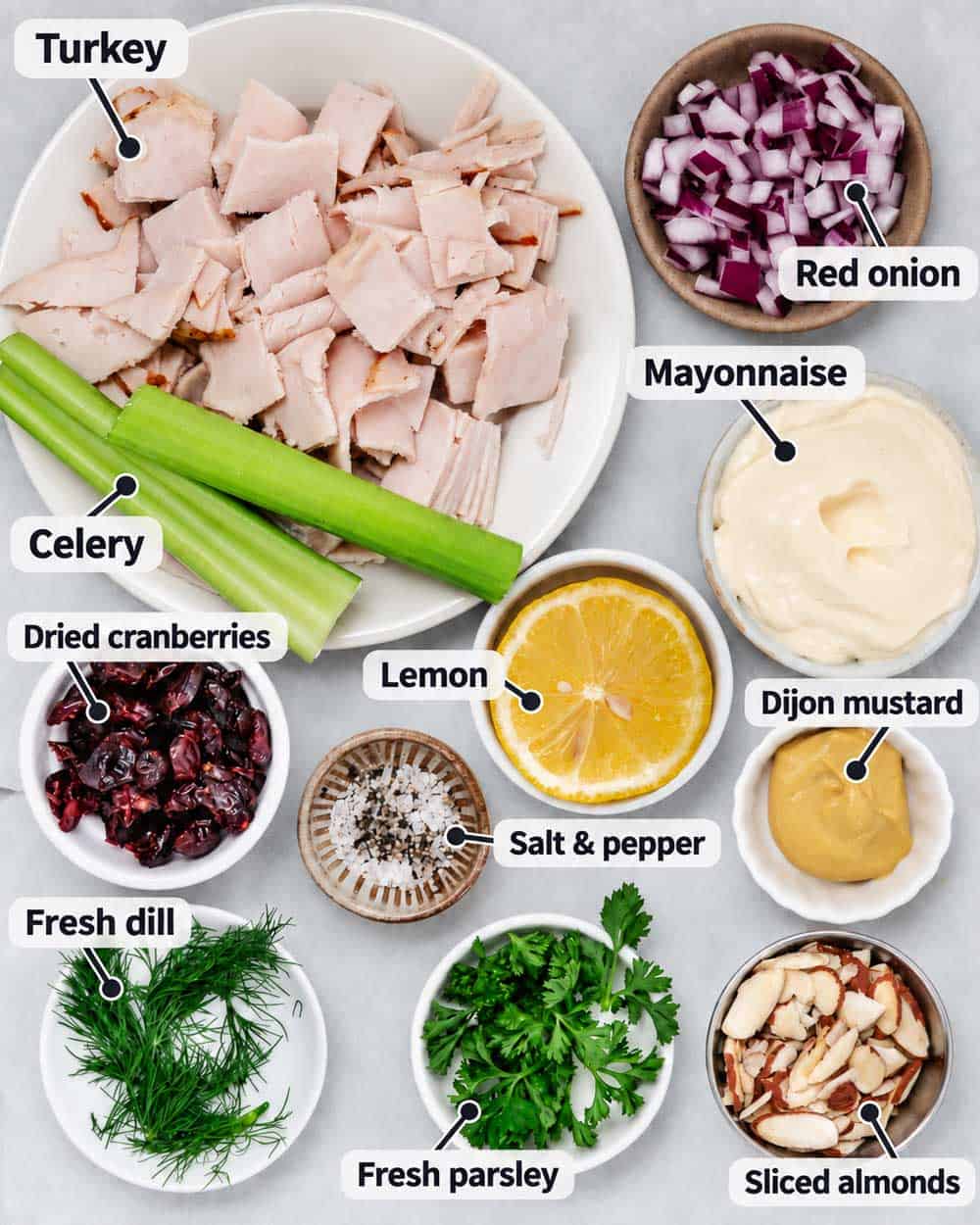 Turkey salad ingredients: diced turkey, celery, red onion, cranberries, mayonnaise, Dijon, lemon, herbs, and almonds.