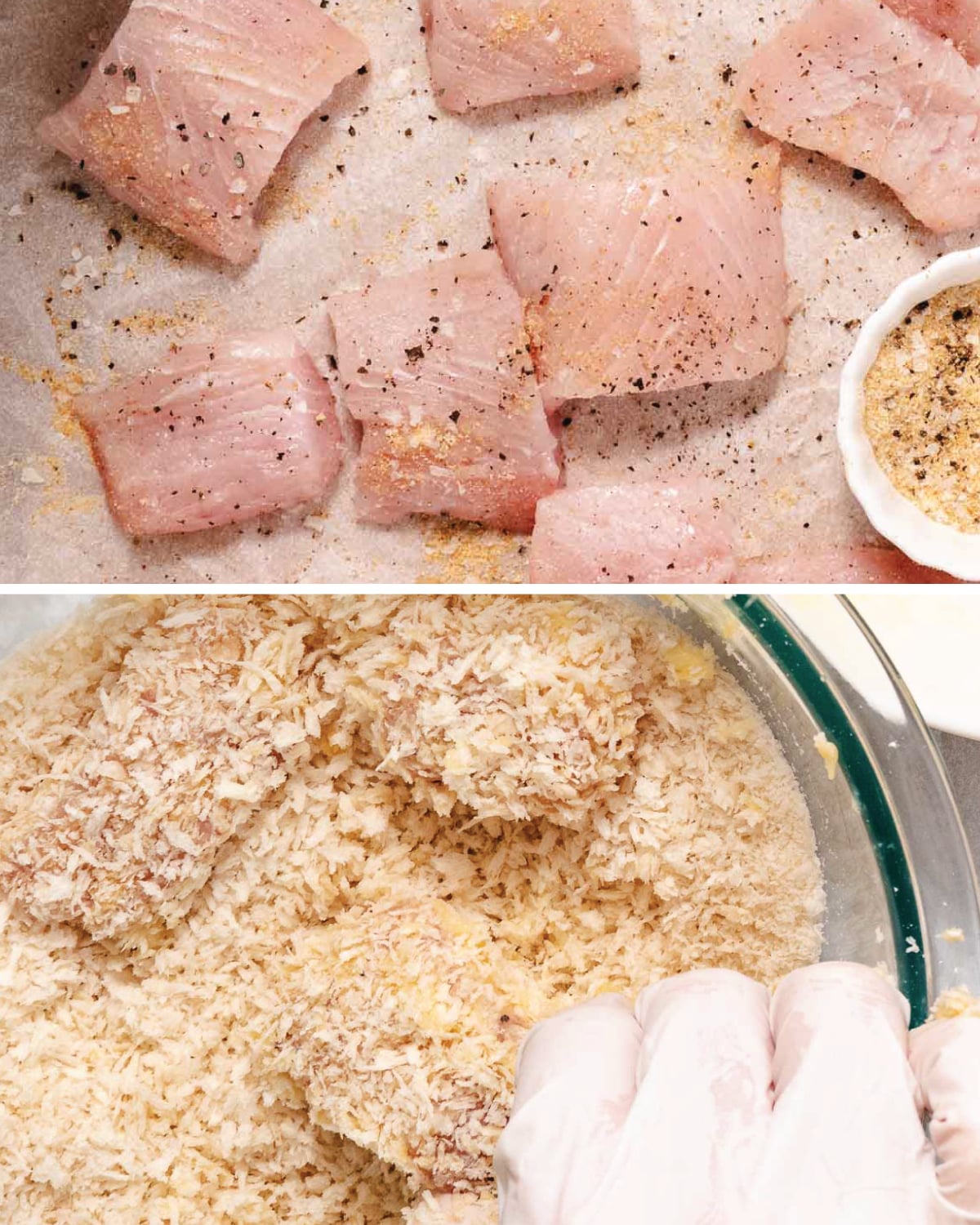 seasoning uncooked mahi before breading and breading with panko Japanese flaked breadcrumbs.