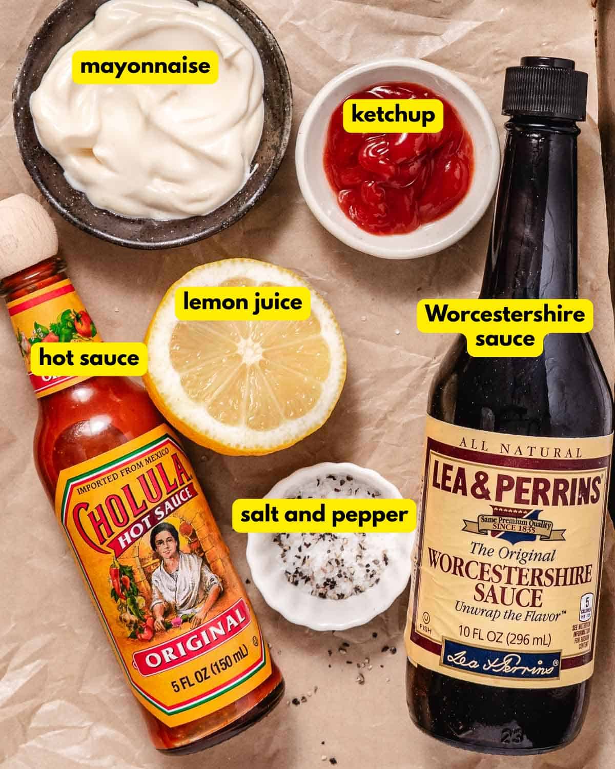 Marie Rose sauce ingredients: mayonnaise, ketchup, Cholula hot sauce, Worcestershire sauce, lemon, salt, and black pepper.