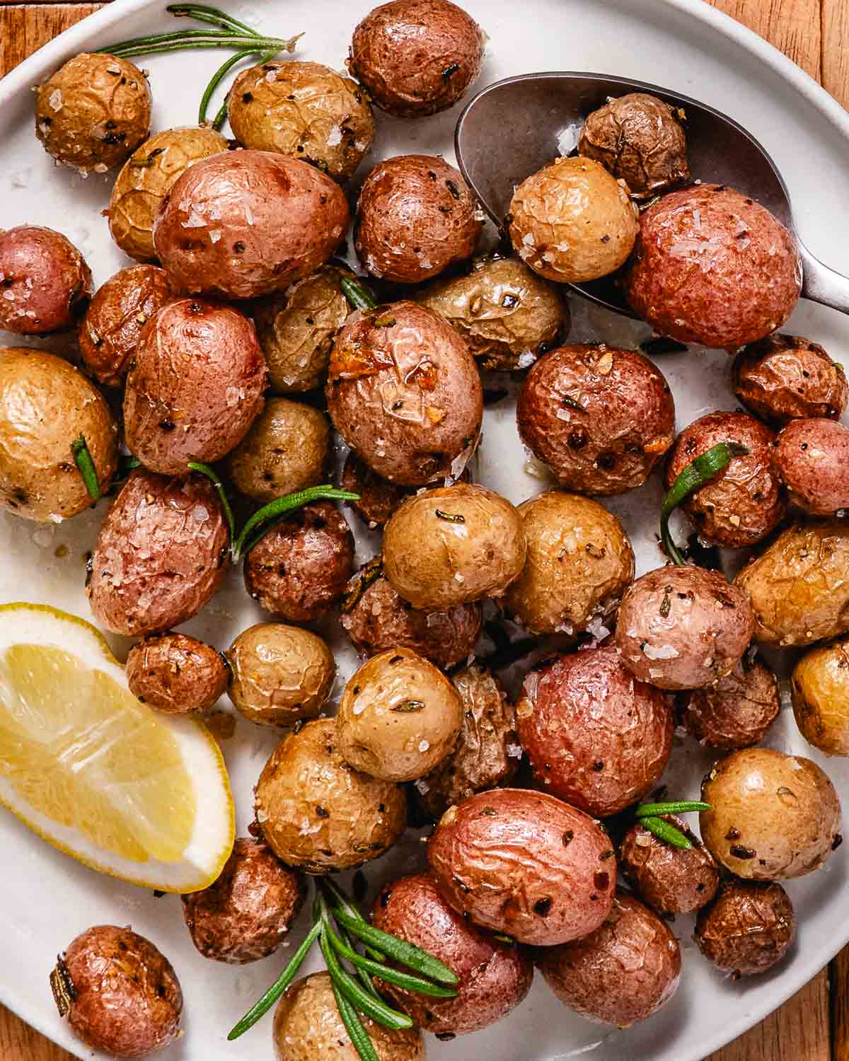 Roasted peewee potatoes with rosemary, olive oil, salt, and pepper.