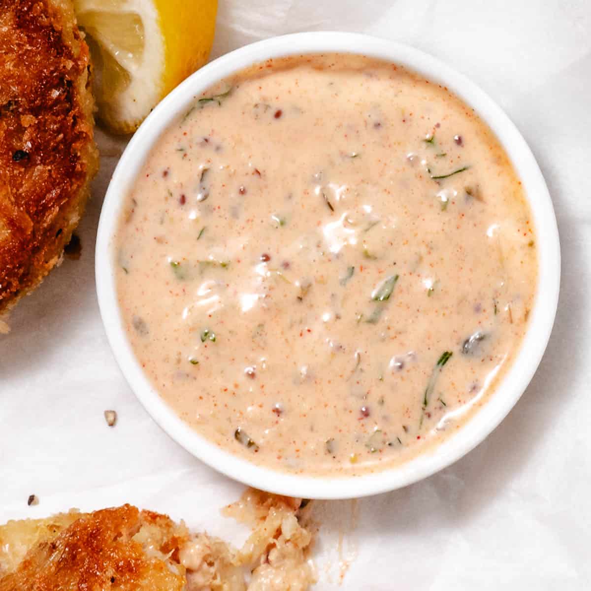 Creamy homemade remoulade sauce with whole-grain mustard, capers, parsley, and paprika.