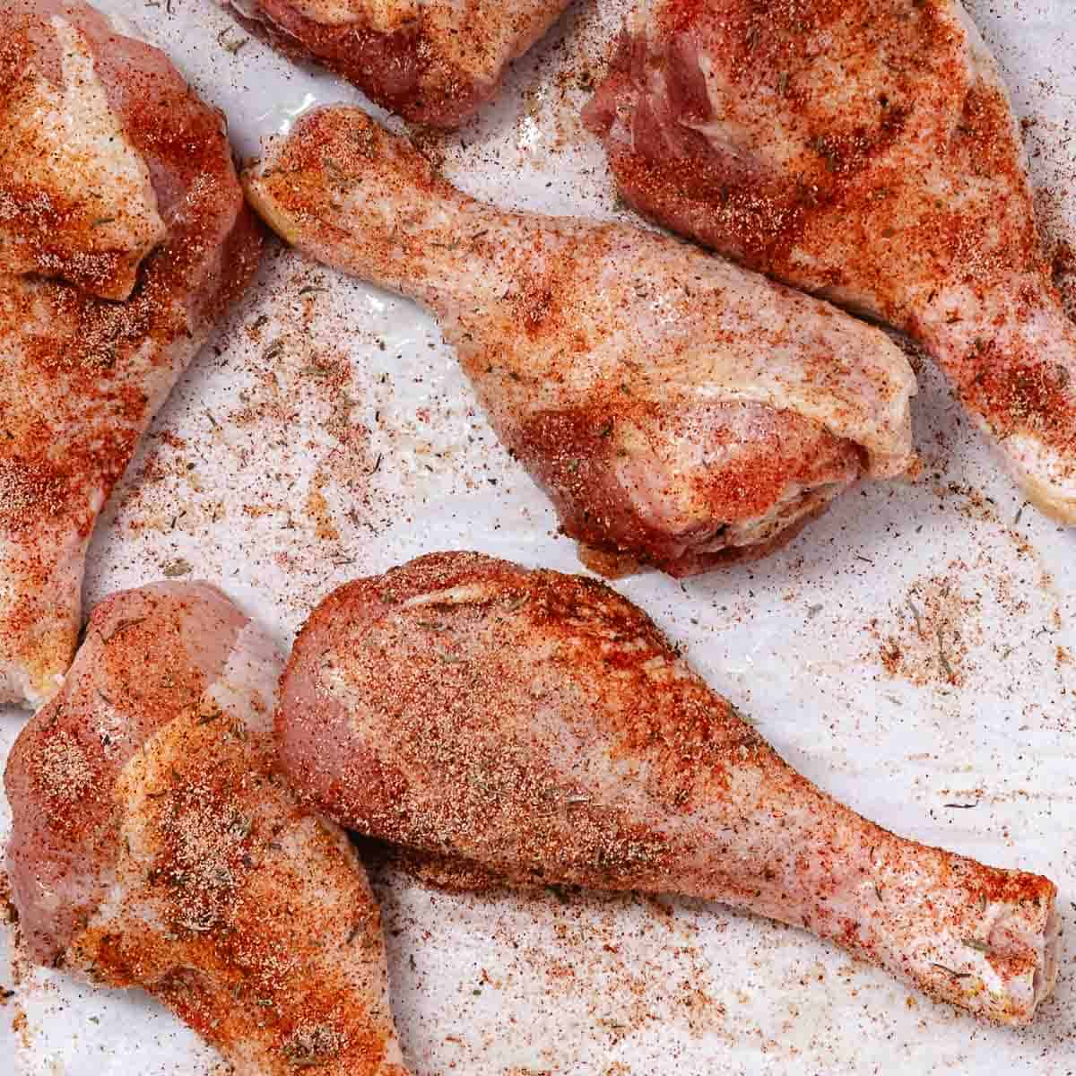 Raw chicken drumsticks evenly coated with paprika, thyme, garlic powder, onion powder, salt, and pepper.