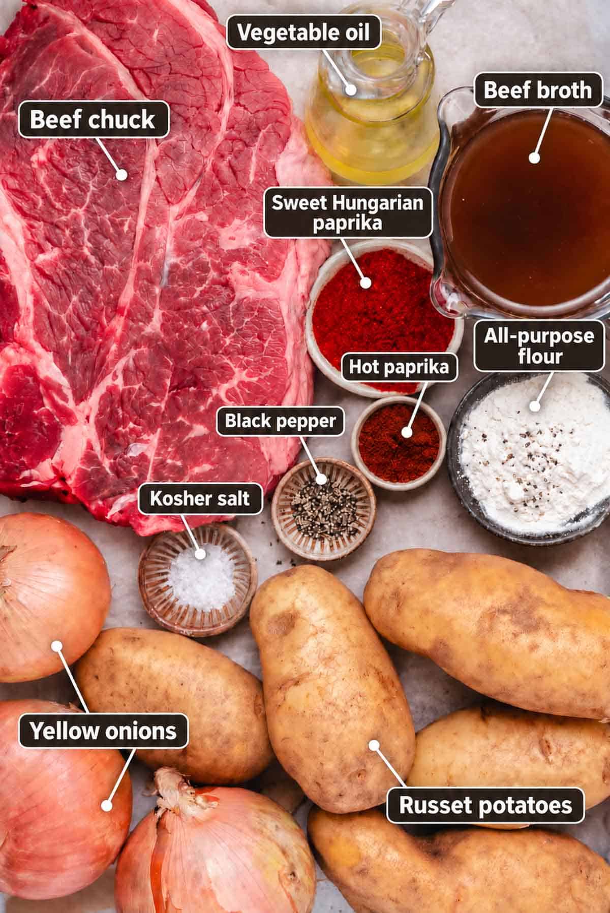Labeled ingredients for Hungarian beef goulash, including beef chuck, potatoes, onions, broth, flour, and sweet and hot Hungarian paprika.