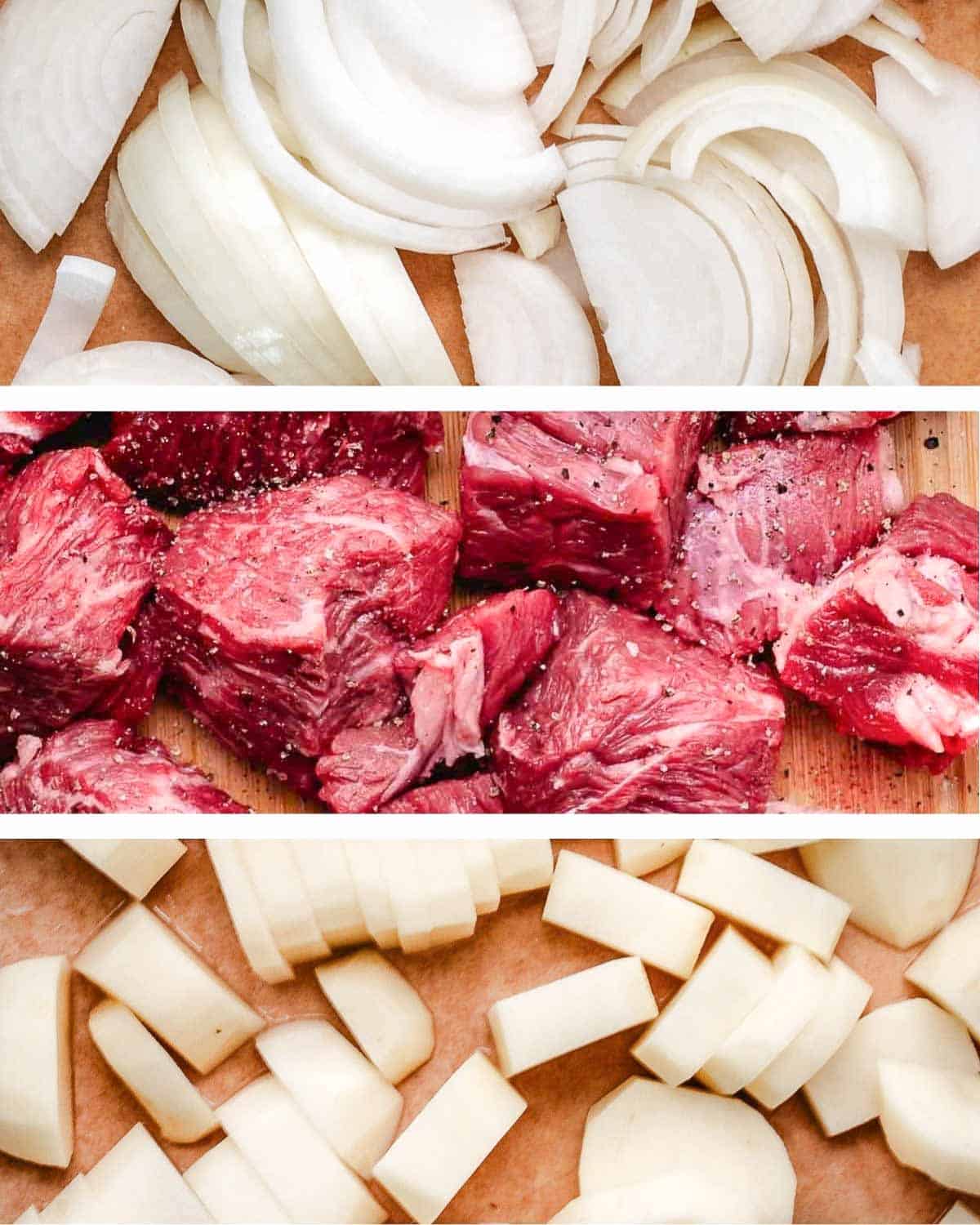 Collage showing sliced onions, seasoned beef chuck, and chopped russet potatoes prepared for Hungarian goulash.
