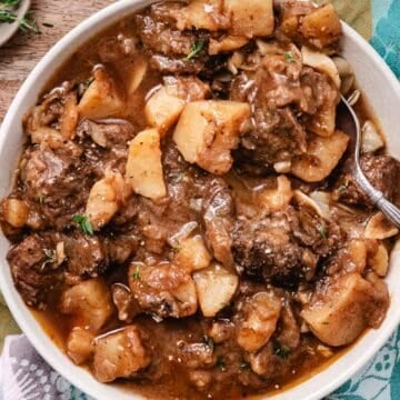 Bowl of Hungarian goulash with a spoon.