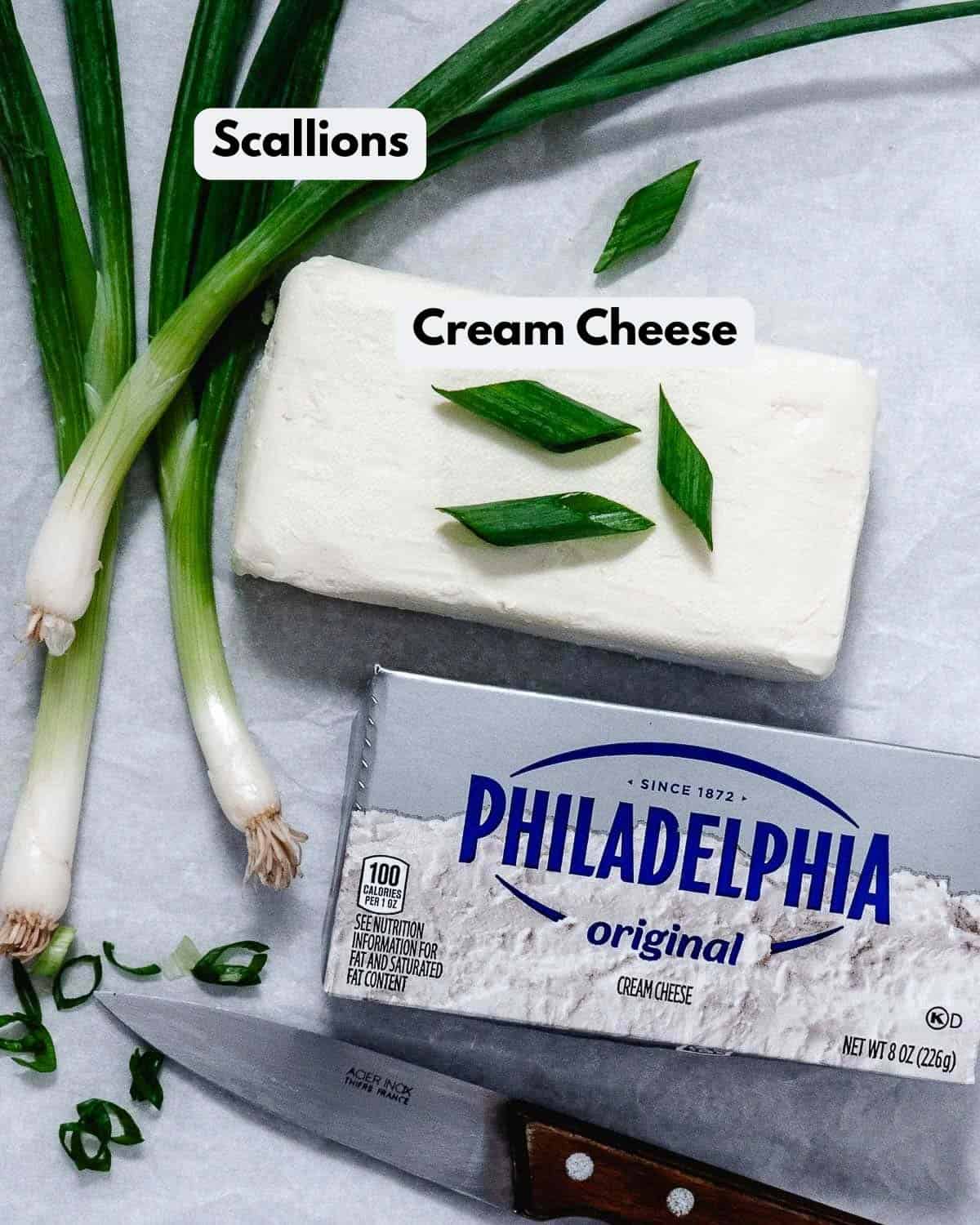 Scallion cream cheese ingredients with cream cheese and fresh scallions.