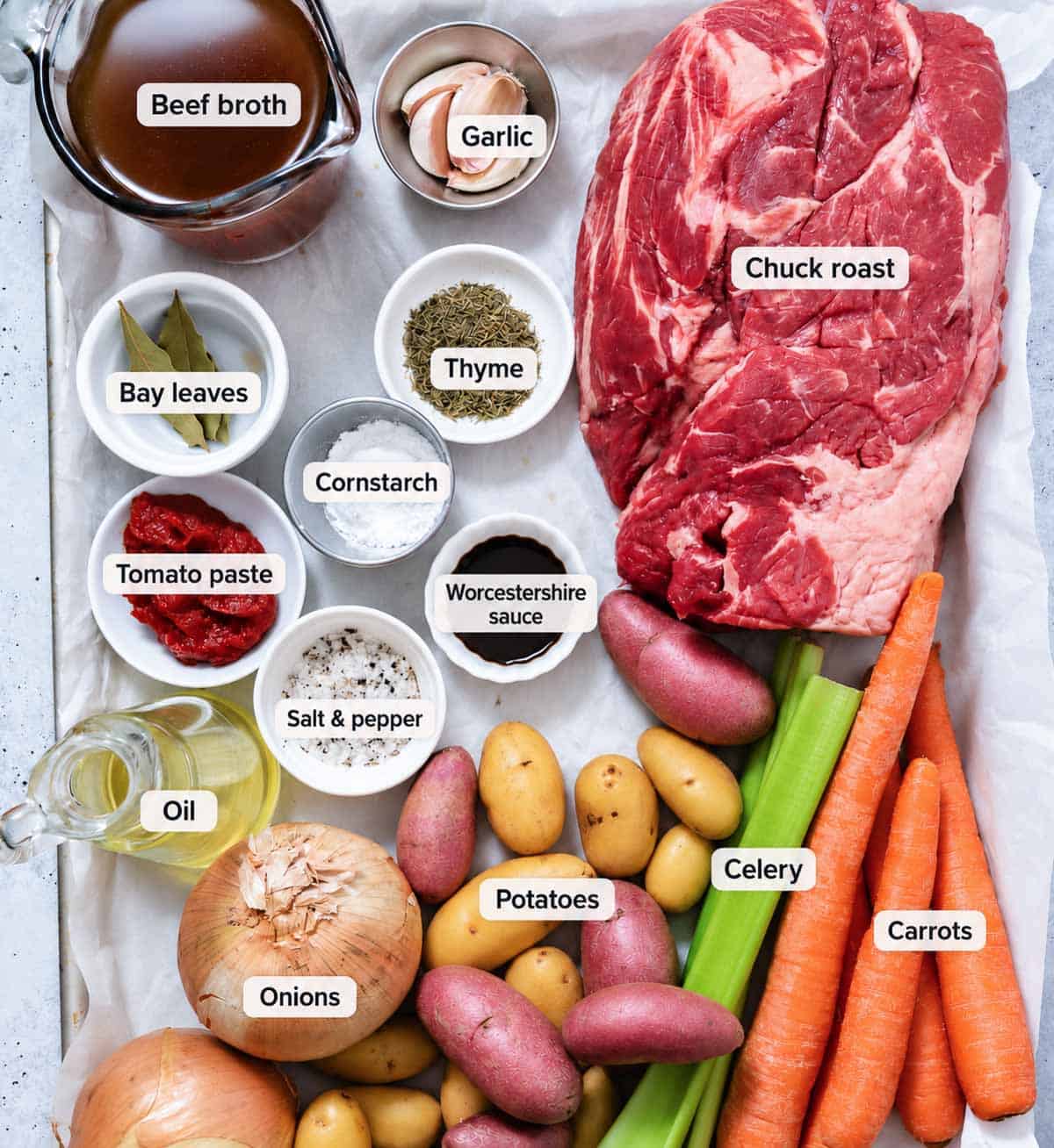 Labeled ingredients for slow cooker pot roast: chuck roast, potatoes, carrots, celery, onions, garlic, beef broth, tomato paste, Worcestershire sauce, thyme, bay leaves, oil, salt, pepper, and cornstarch.
