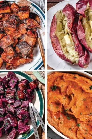 Easy sweet potato recipes, including roasted, baked, purple, and mashed sweet potatoes.