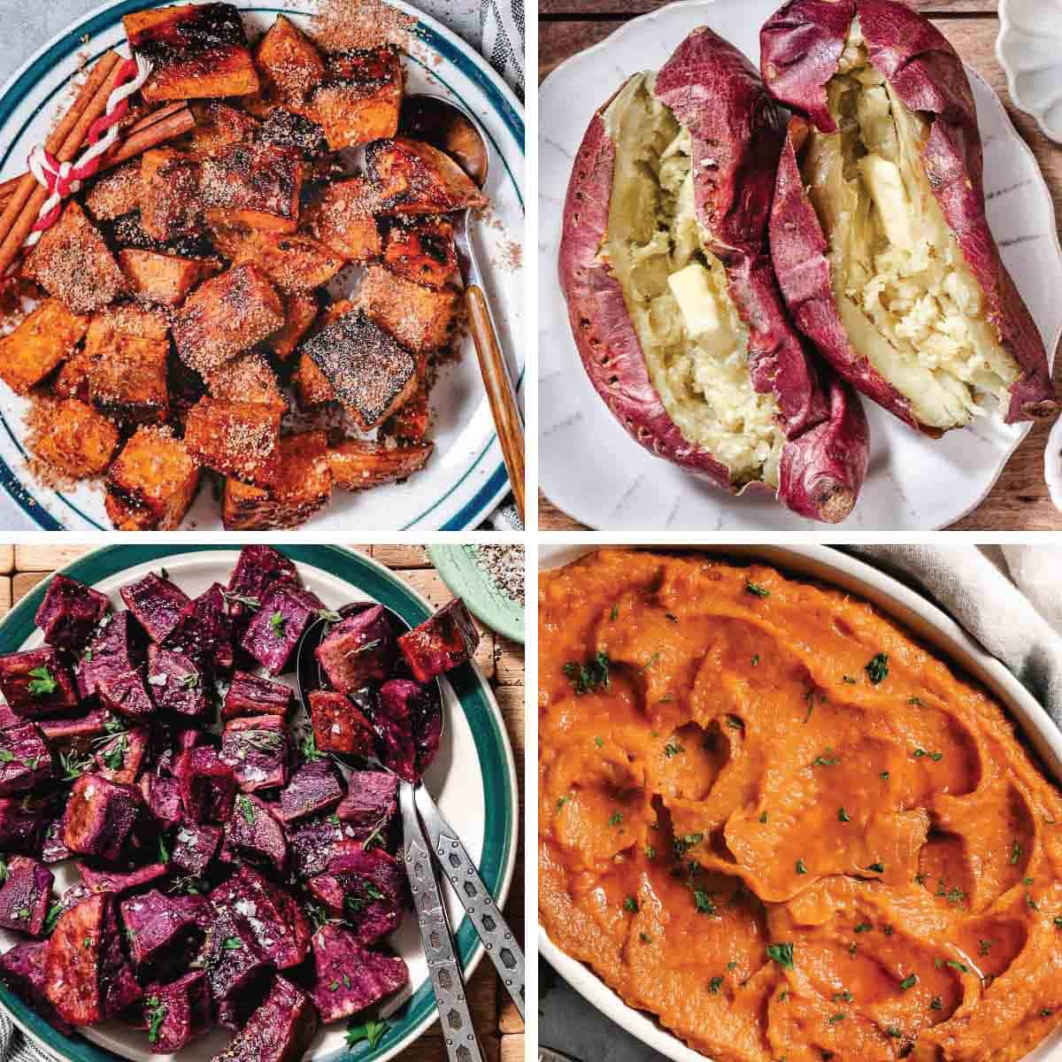 Easy sweet potato recipes, including roasted, baked, purple, and mashed sweet potatoes.