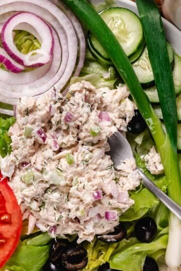 Homemade tuna salad with diced red onion, celery, and fresh dill, served over lettuce with sliced tomatoes, cucumbers, black olives, and lemon wedges.